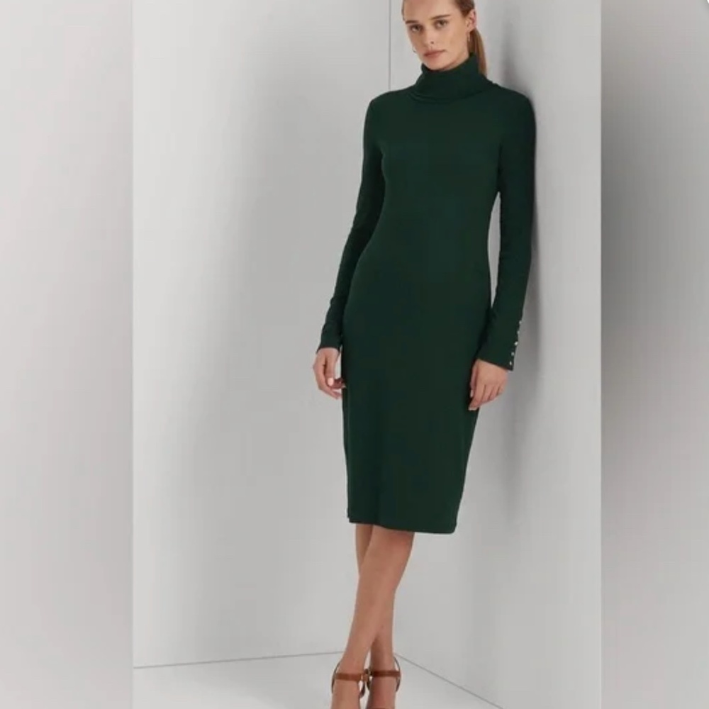 Lauren Ralph Lauren Green Turtleneck Midi Dress | Size 00 | LRL Button Cuffs